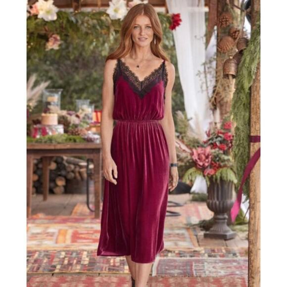 Sundance Norma Elegance Maroon Velvet Lace Silk Blend Midi Dress Women's Size XS - Picture 1 of 10